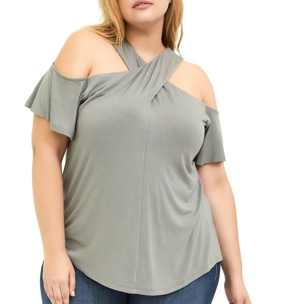 New Torrid 3 (3X 22/24) Gray Green Super Soft Sexy Cold Shoulder Halter T Shirt